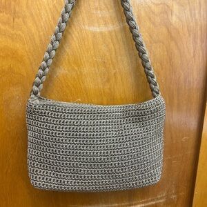 The Sak Original Taupe Crocheted Shoulder Purse Braided Strap Zip Closure Boho
